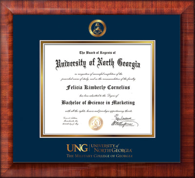 Image of University of North Georgia Diploma Frame - Mezzo Gloss - w/Embossed Military Seal & Military Wordmark - Navy on Gold mat