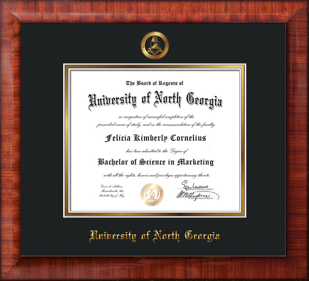 Image of University of North Georgia Diploma Frame - Mezzo Gloss - w/Embossed Military Seal & UNG Name - Black on Gold mat