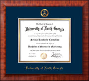 Image of University of North Georgia Diploma Frame - Mezzo Gloss - w/Embossed Military Seal & UNG Name - Navy on Gold mat