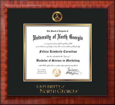 Image of University of North Georgia Diploma Frame - Mezzo Gloss - w/Embossed Military Seal & UNG Wordmark - Black on Gold mat