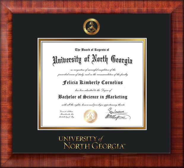 Image of University of North Georgia Diploma Frame - Mezzo Gloss - w/Embossed Military Seal & UNG Wordmark - Black on Gold mat