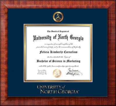Image of University of North Georgia Diploma Frame - Mezzo Gloss - w/Embossed Military Seal & UNG Wordmark - Navy on Gold mat