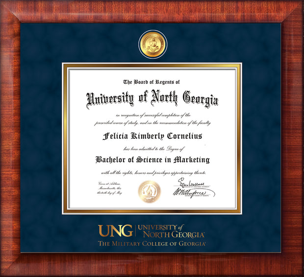 Image of University of North Georgia Diploma Frame - Mezzo Gloss - w/24k Gold-Plated Military Medallion & Military Wordmark Embossing - Navy Suede on Gold mats