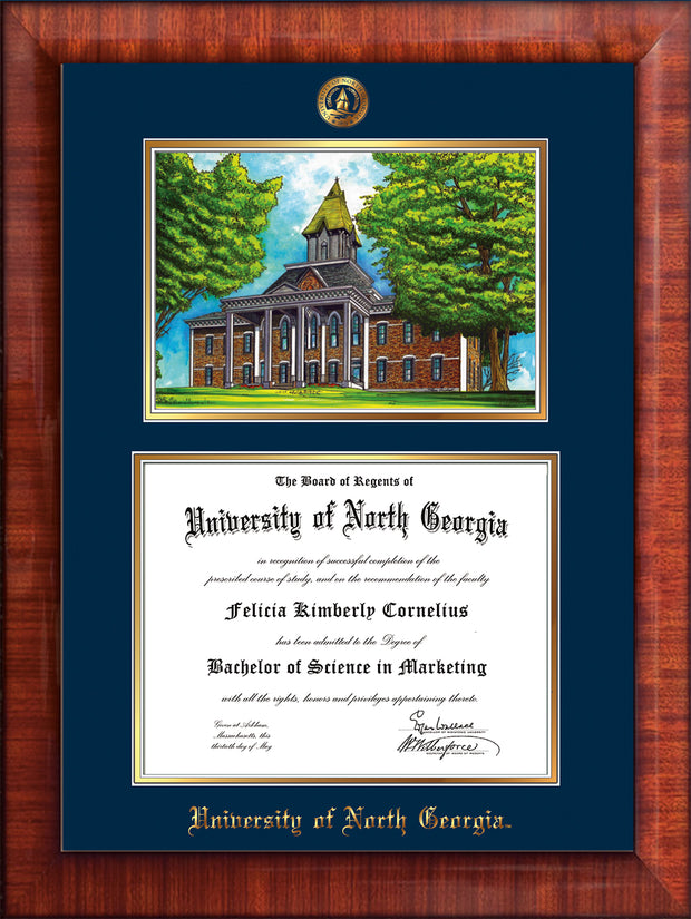 Image of University of North Georgia Diploma Frame - Mezzo Gloss - w/Embossed UNG Seal & Name - Campus Watercolor - Navy on Gold mat