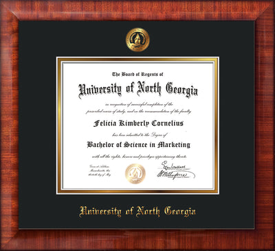 Image of University of North Georgia Diploma Frame - Mezzo Gloss - w/Embossed UNG Seal & Name - Black on Gold mat