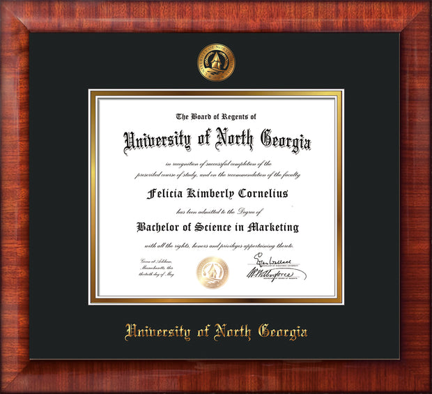 Image of University of North Georgia Diploma Frame - Mezzo Gloss - w/Embossed UNG Seal & Name - Black on Gold mat