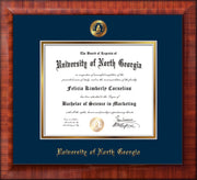 Image of University of North Georgia Diploma Frame - Mezzo Gloss - w/Embossed UNG Seal & Name - Navy on Gold mat