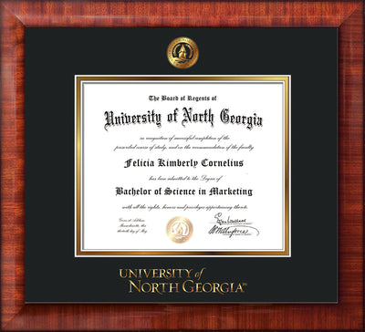 Image of University of North Georgia Diploma Frame - Mezzo Gloss - w/Embossed UNG Seal & Wordmark - Black on Gold mat