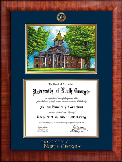 Image of University of North Georgia Diploma Frame - Mezzo Gloss - w/Embossed UNG Seal & Wordmark - Campus Watercolor - Navy on Gold mat