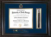 Image of University of North Georgia Diploma Frame - Vintage Black Scoop - w/Embossed Military Seal & Military Wordmark - Tassel Holder - Navy on Gold mat