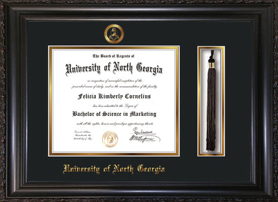 Image of University of North Georgia Diploma Frame - Vintage Black Scoop - w/Embossed Military Seal & UNG Name - Tassel Holder - Black on Gold mat