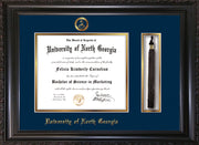 Image of University of North Georgia Diploma Frame - Vintage Black Scoop - w/Embossed Military Seal & UNG Name - Tassel Holder - Navy on Gold mat