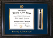 Image of University of North Georgia Diploma Frame - Vintage Black Scoop - w/Embossed UNG Seal & Name - Tassel Holder - Navy on Gold mat