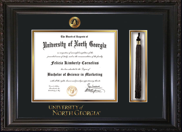 Image of University of North Georgia Diploma Frame - Vintage Black Scoop - w/Embossed UNG Seal & Wordmark - Tassel Holder - Black on Gold mat