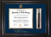 Image of University of North Georgia Diploma Frame - Vintage Black Scoop - w/Embossed UNG Seal & Wordmark - Tassel Holder - Navy on Gold mat