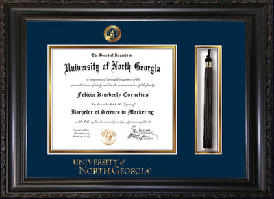 Image of University of North Georgia Diploma Frame - Vintage Black Scoop - w/Embossed UNG Seal & Wordmark - Tassel Holder - Navy on Gold mat