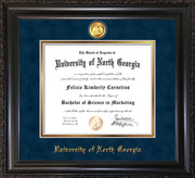 Image of University of North Georgia Diploma Frame - Vintage Black Scoop - w/24k Gold-Plated Military Medallion & UNG Name Embossing - Navy Suede on Gold mats
