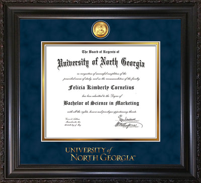 Image of University of North Georgia Diploma Frame - Vintage Black Scoop - w/24k Gold-Plated Military Medallion & UNG Wordmark Embossing - Navy Suede on Gold