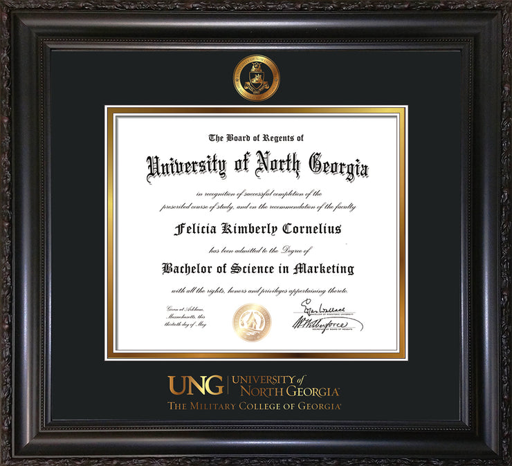 Image of University of North Georgia Diploma Frame - Vintage Black Scoop - w/Embossed Military Seal & Military Wordmark - Black on Gold mat