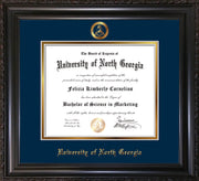 Image of University of North Georgia Diploma Frame - Vintage Black Scoop - w/Embossed Military Seal & UNG Name - Navy on Gold mat