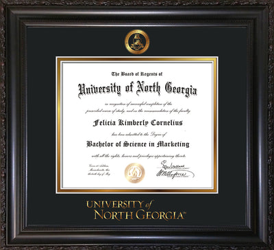 Image of University of North Georgia Diploma Frame - Vintage Black Scoop - w/Embossed Military Seal & UNG Wordmark - Black on Gold mat
