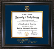 Image of University of North Georgia Diploma Frame - Vintage Black Scoop - w/Embossed Military Seal & UNG Wordmark - Navy on Gold mat