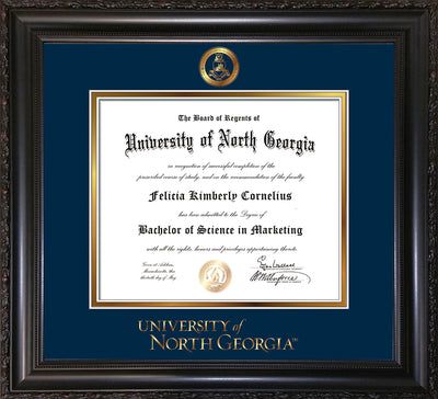 Image of University of North Georgia Diploma Frame - Vintage Black Scoop - w/Embossed Military Seal & UNG Wordmark - Navy on Gold mat