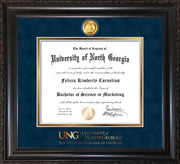 Image of University of North Georgia Diploma Frame - Vintage Black Scoop - w/24k Gold-Plated Military Medallion & Military Wordmark Embossing - Navy Suede on Gold mats