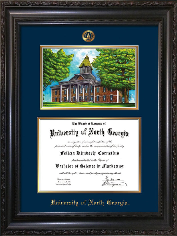 Image of University of North Georgia Diploma Frame - Vintage Black Scoop - w/Embossed UNG Seal & Name - Campus Watercolor - Navy on Gold mat