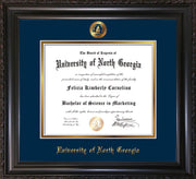 Image of University of North Georgia Diploma Frame - Vintage Black Scoop - w/Embossed UNG Seal & Name - Navy on Gold mat