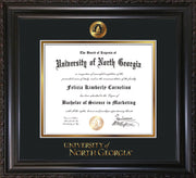 Image of University of North Georgia Diploma Frame - Vintage Black Scoop - w/Embossed UNG Seal & Wordmark - Black on Gold mat