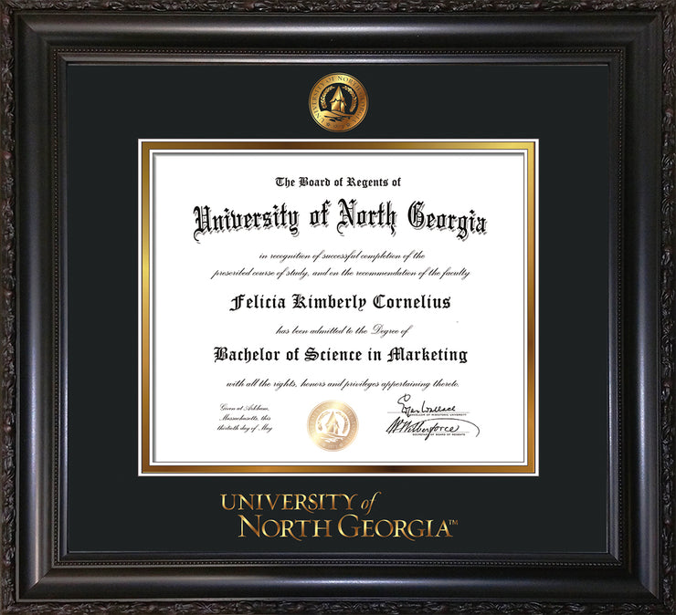 Image of University of North Georgia Diploma Frame - Vintage Black Scoop - w/Embossed UNG Seal & Wordmark - Black on Gold mat
