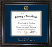Image of University of North Georgia Diploma Frame - Vintage Black Scoop - w/Embossed UNG Seal & Wordmark - Navy on Gold mat
