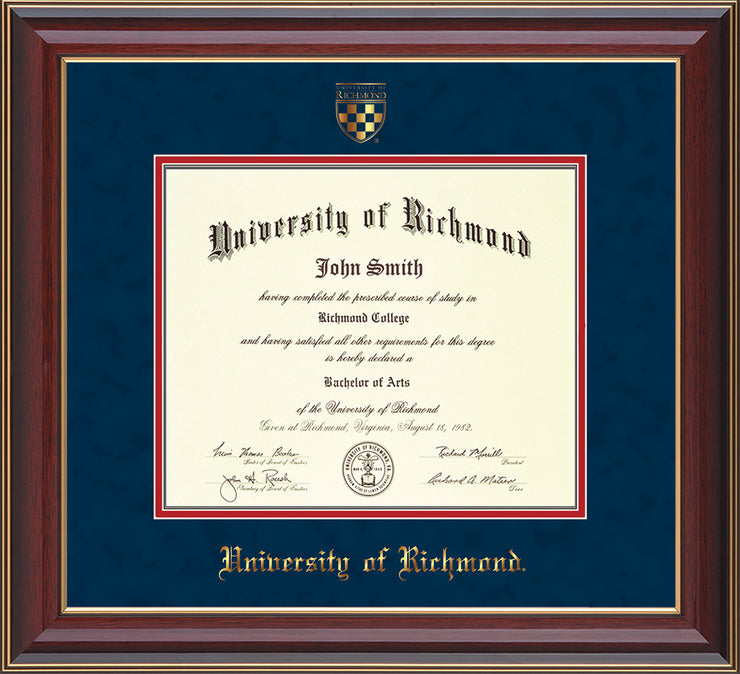 Image of University of Richmond Diploma Frame - Cherry Lacquer - w/Embossed Seal & Name - Navy Suede on Red mats