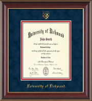 University of Richmond Diploma Frame - Cherry Lacquer - w/Embossed Seal & Name - Navy Suede on Red mats - Law Size