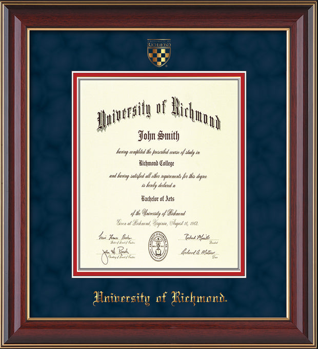 University of Richmond Diploma Frame - Cherry Lacquer - w/Embossed Seal & Name - Navy Suede on Red mats - Law Size