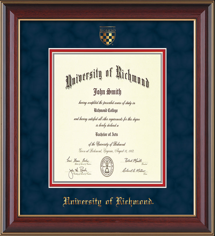 University of Richmond Diploma Frame - Cherry Lacquer - w/Embossed Seal & Name - Navy Suede on Red mats - Law Size
