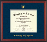 Image of University of Richmond Diploma Frame - Cherry Reverse - w/Embossed Seal & Name - Navy Suede on Red mats