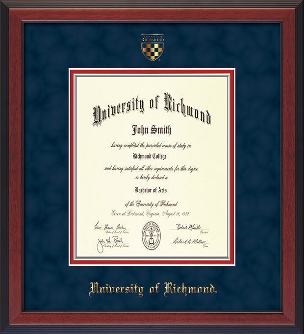 Image of University of Richmond Diploma Frame - Cherry Reverse - w/Embossed Seal & Name - Navy Suede on Red mats - Law  Size