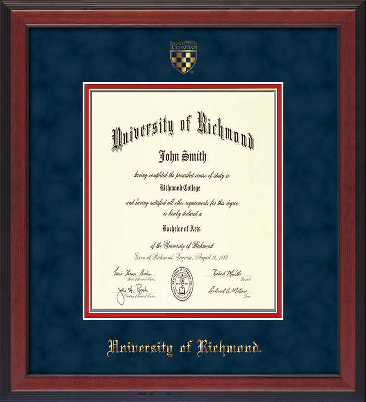 Image of University of Richmond Diploma Frame - Cherry Reverse - w/Embossed Seal & Name - Navy Suede on Red mats - Law  Size