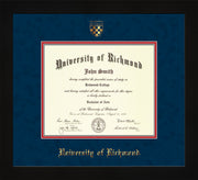 Image of University of Richmond Diploma Frame - Flat Matte Black - w/Embossed Seal & Name - Navy Suede on Red mats