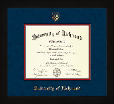 Image of University of Richmond Diploma Frame - Flat Matte Black - w/Embossed Seal & Name - Navy Suede on Red mats