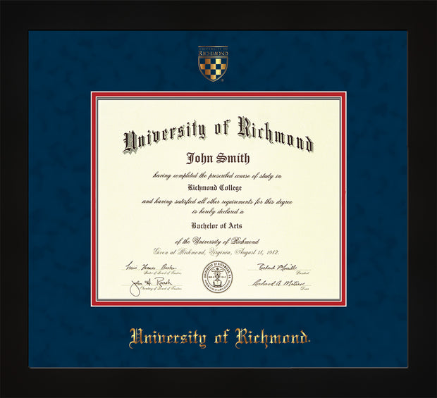 Image of University of Richmond Diploma Frame - Flat Matte Black - w/Embossed Seal & Name - Navy Suede on Red mats