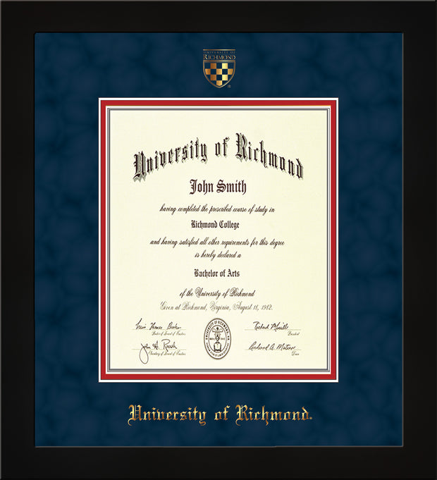 Image of University of Richmond Diploma Frame - Flat Matte Black - w/Embossed Seal & Name - Navy Suede on Red mats - Law Size