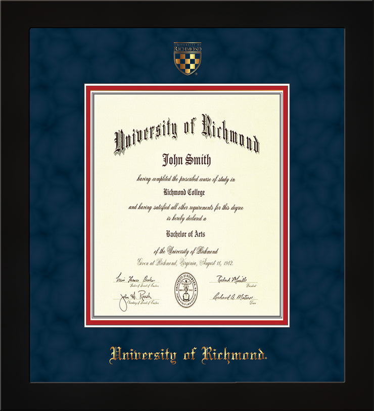 Image of University of Richmond Diploma Frame - Flat Matte Black - w/Embossed Seal & Name - Navy Suede on Red mats - Law Size