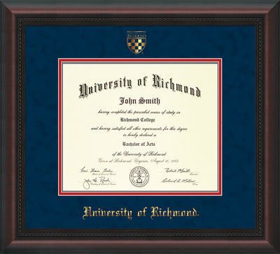 Image of University of Richmond Diploma Frame - Mahogany Braid - w/Embossed Seal & Name - Navy Suede on Red mats