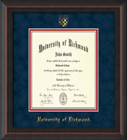 Image of University of Richmond Diploma Frame - Mahogany Braid - w/Embossed Seal & Name - Navy Suede on Red mats - Law Size