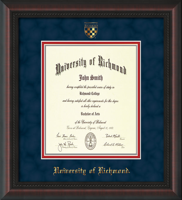 Image of University of Richmond Diploma Frame - Mahogany Braid - w/Embossed Seal & Name - Navy Suede on Red mats - Law Size