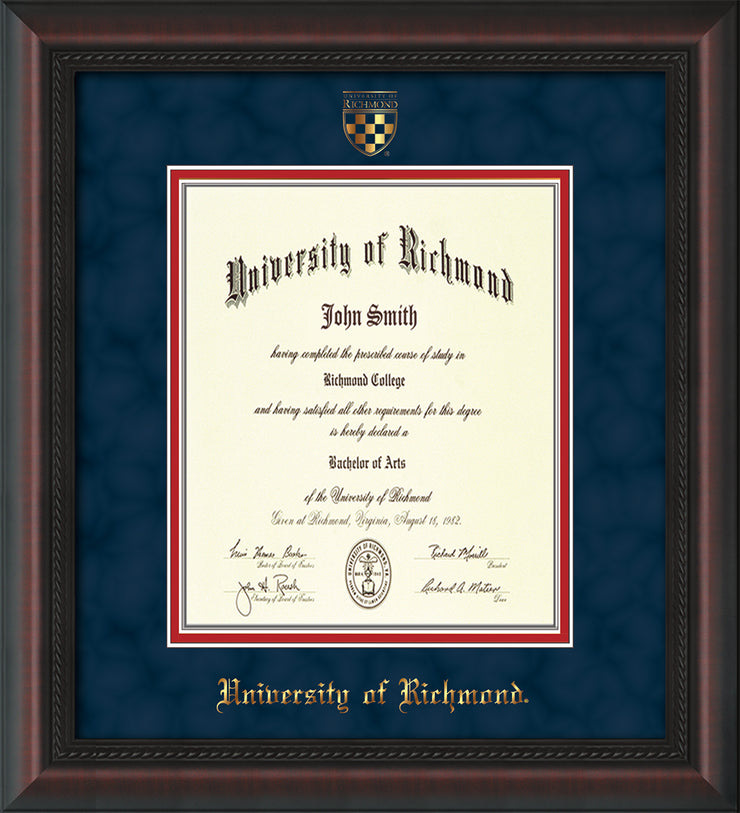 Image of University of Richmond Diploma Frame - Mahogany Braid - w/Embossed Seal & Name - Navy Suede on Red mats - Law Size