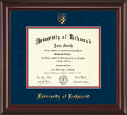 Image of University of Richmond Diploma Frame - Mahogany Lacquer - w/Embossed Seal & Name - Navy Suede on Red mats